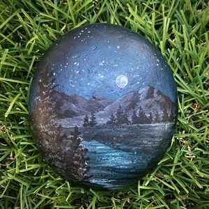 Night Sky Mountain Lake Hand Painted River Rock 2”